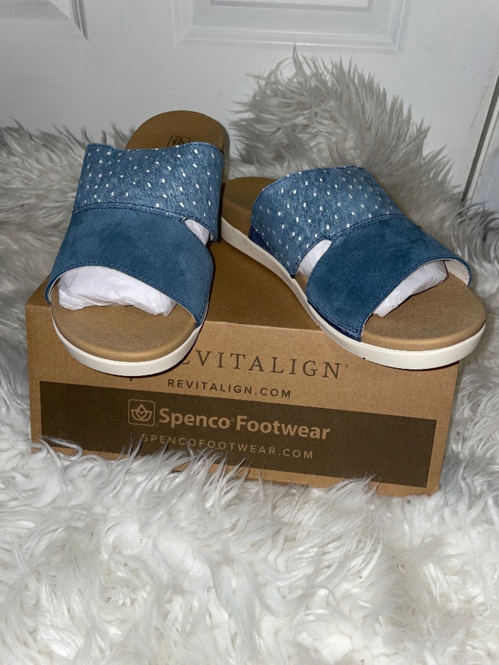 Spenco Dawn Ostrich Women Slide Sandals Blue Orthotic Comfort Size 6.5 D (wide)